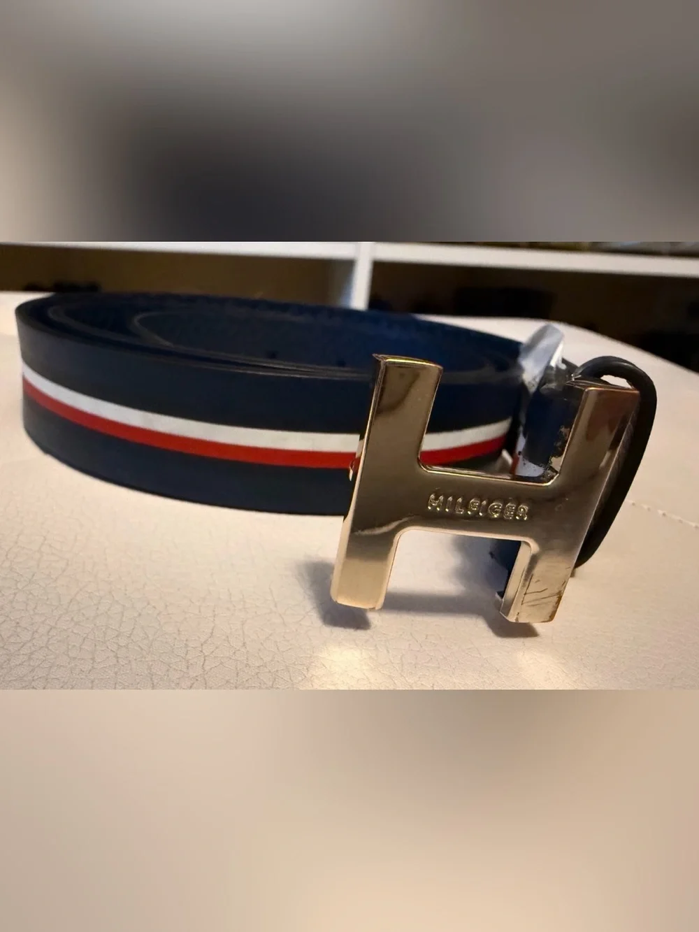 Tommy Hilfiger Navy Tricolor Belt with Silver H Buckle